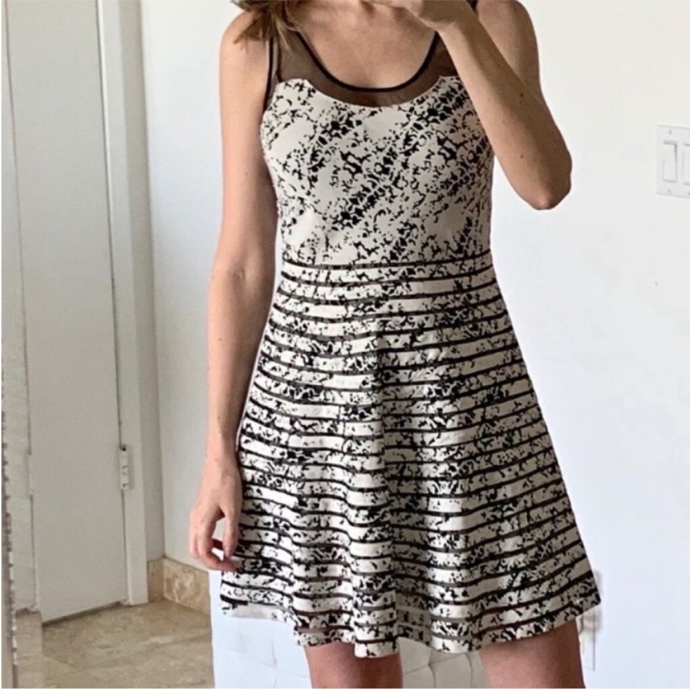 Parker Silk Mesh Black White Printed Mini Dress XS